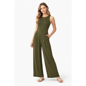 GB Women Olive Jumpsuit Sleeveless Wide Leg Stretch Casual XS NWT